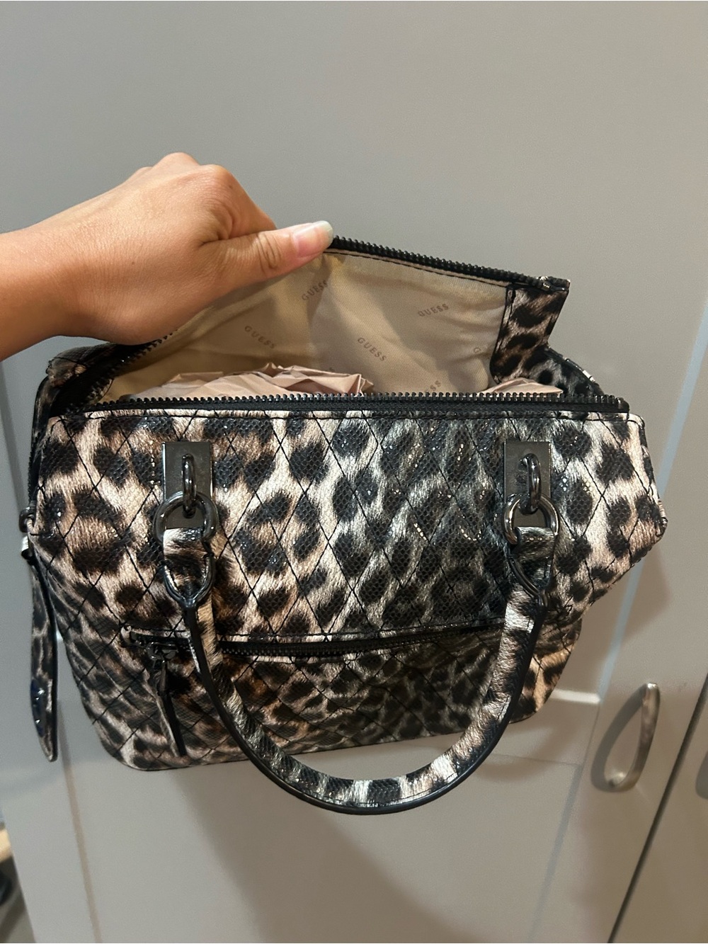 Guess Leopard-Print Quilted Satchel - Black/Brown/Cream